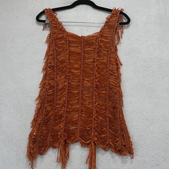 Xtaren Y2K Womens Small Rust Orange Fringe Sheer Boho Festival Tank Top - Picture 7 of 8